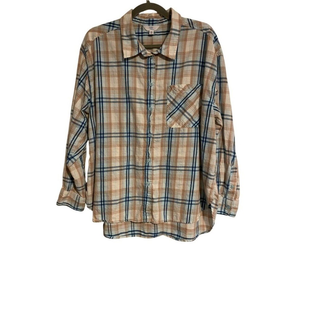 Time And Tru Women XXL Beige Blue Shirt Button-Up Long Sleeve Soft Flannel Comfy